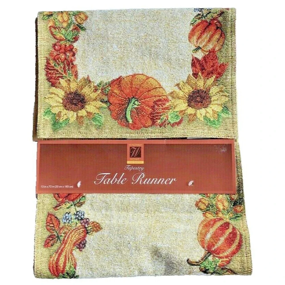 Thanksgiving Table Runner Sunflower Pumpkin Leaves Tapestry Stunning 13x72